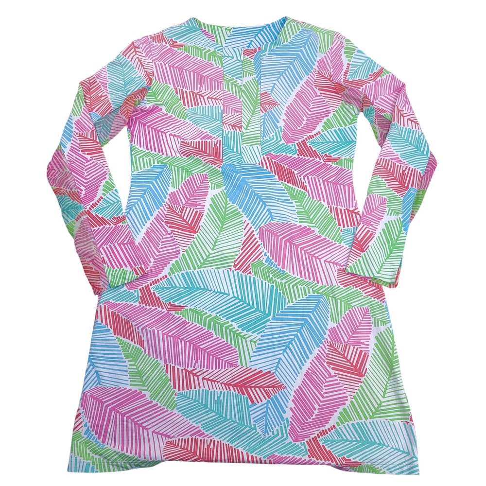 IBKUL Dress Womens Medium Multi Color Tropical Palm Leaf Long Sleeve Zip Neck